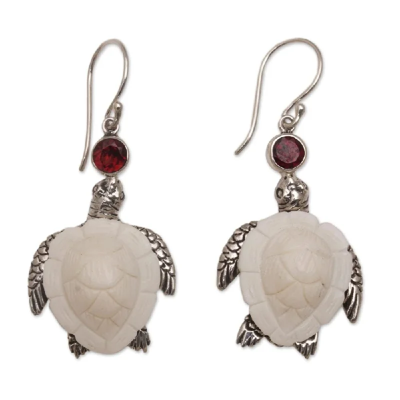 NOVICA Handmade Sterling Silver Bone 'Kurma Turtles' Garnet Earrings (Indonesia) - 1.7*0.8