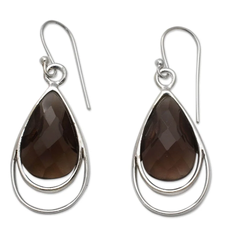 NOVICA Handmade Sterling Silver 'Delhi Glam' Smoky Quartz Earrings (India)