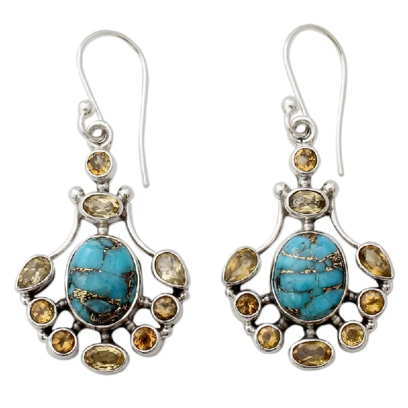 NOVICA Handmade Sterling Silver 'Droplets of Sunshine' Citrine Turquoise Earrings (India) - 1.8*0.9