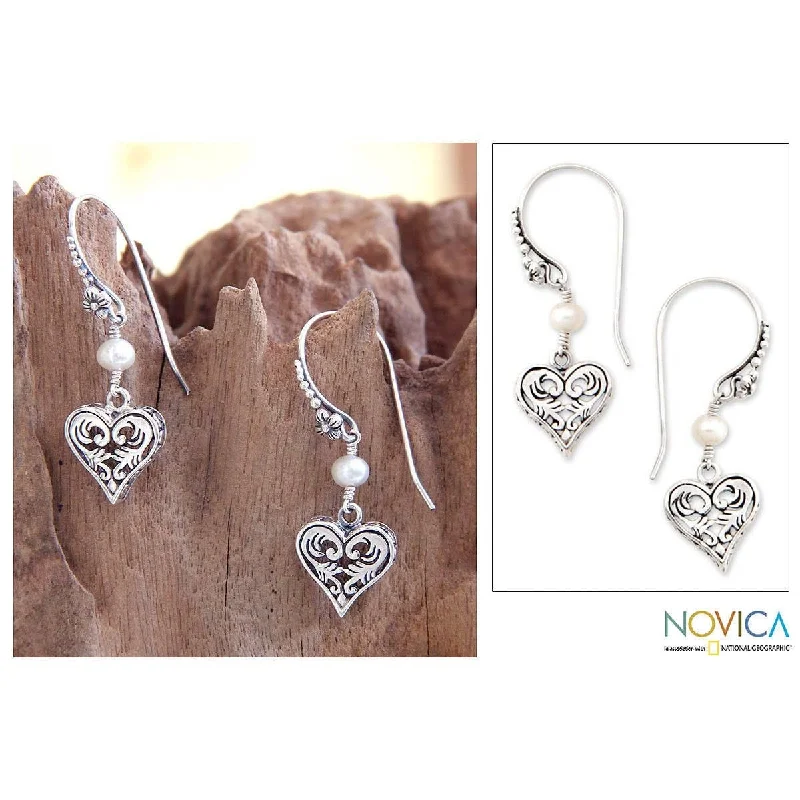 Novica Handmade Sterling Silver Love in Nature Pearl Earrings (5 mm) (Indonesia) - 1.5" x 0.5" W x 0.1" D