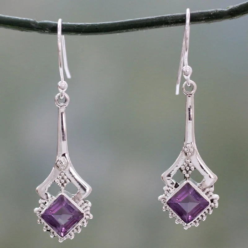 NOVICA Handmade Sterling Silver 'Modern Jaipur' Amethyst Earrings (India) - 1.7*0.5