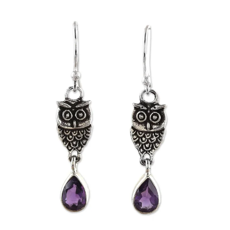 NOVICA Owl Dance, Amethyst dangle earrings - 1.5*0.3