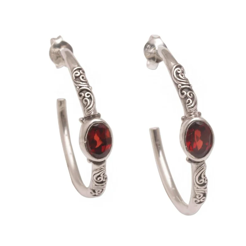 NOVICA Sacred Sakenan, Garnet half-hoop earrings - 1.1*0.2