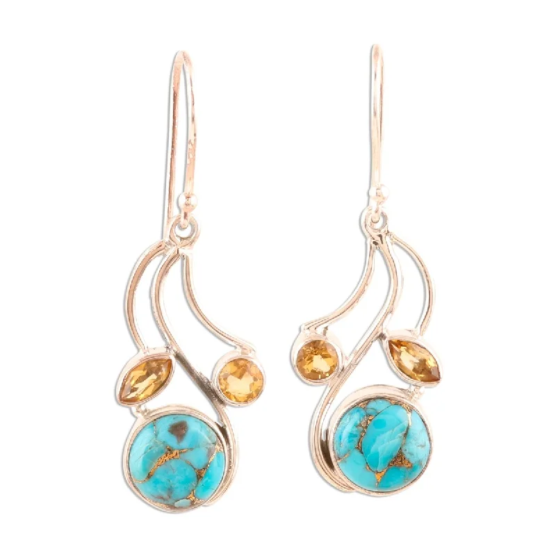 NOVICA Triple Fascination, Citrine and composite turquoise dangle earrings - 1.6L*0.6W