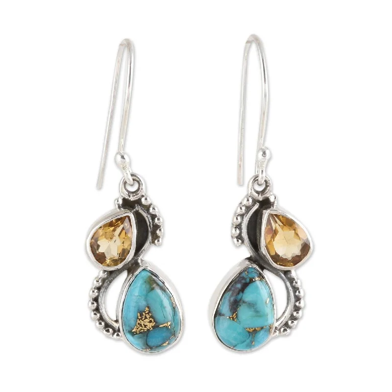 NOVICA Two Teardrops, Citrine and composite turquoise dangle earrings - 1.4*0.4