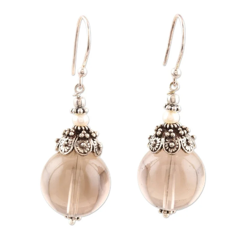 NOVICA Winter Evening, Smoky quartz and cultured freshwater pearl dangle earrings - 1.9*0.6