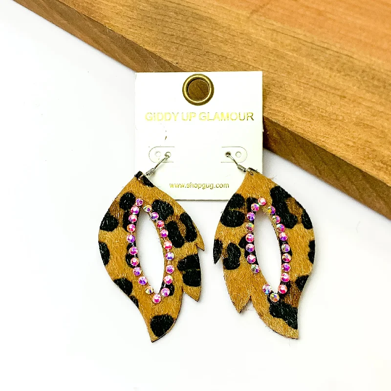 Open Drop Earrings Leopard Print Designed with AB Crystals Outline