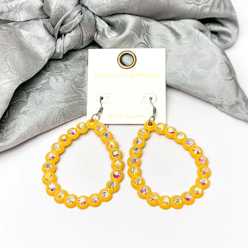 Open Teardrop Earrings with AB Crystal Outline in Yellow