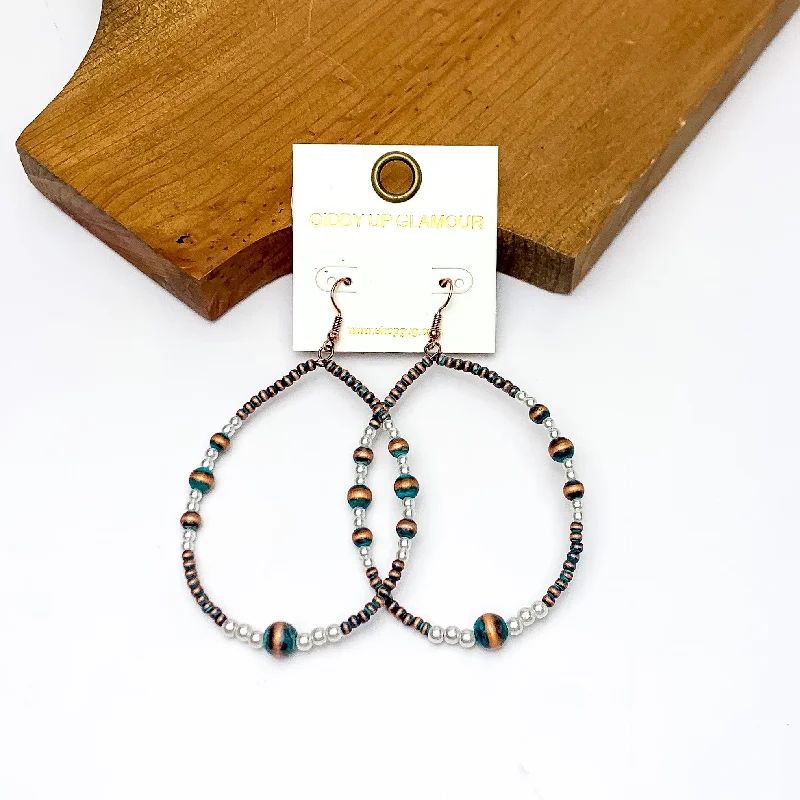 Open Teardrop Earrings With Beads in Patina Tone and White