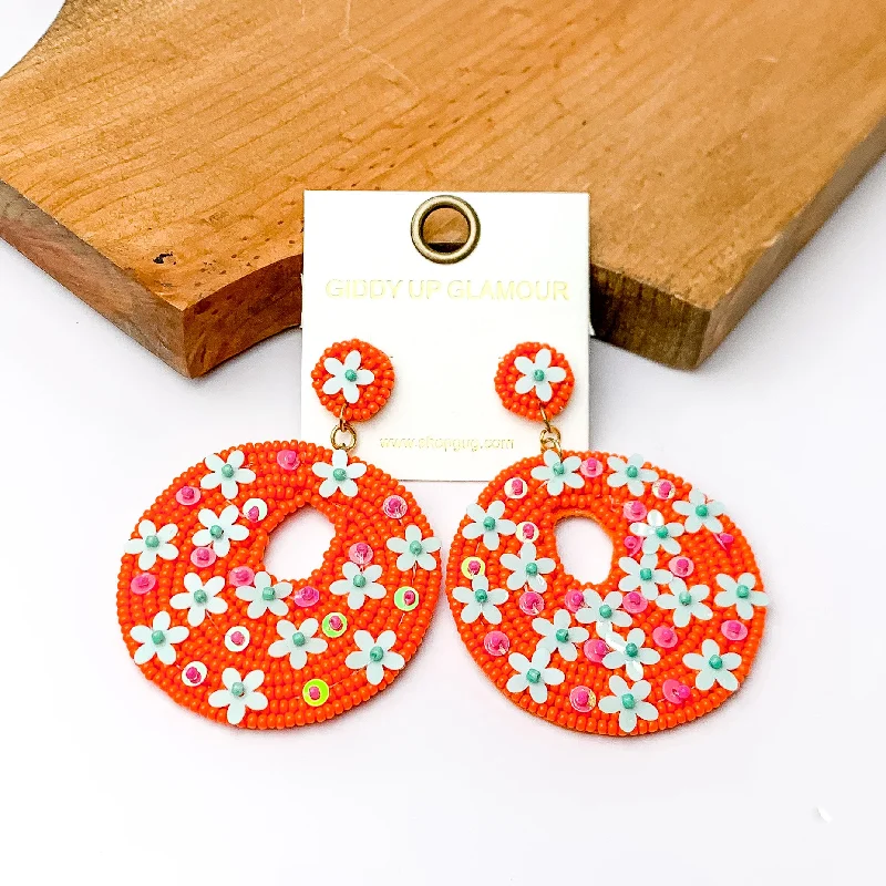 Orange Beaded Circular Drop Earrings with Floral Designs