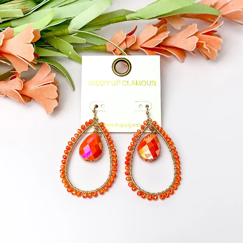 Orange Stone Inside Open Beaded Teardrop Earrings with Gold Tone Outline