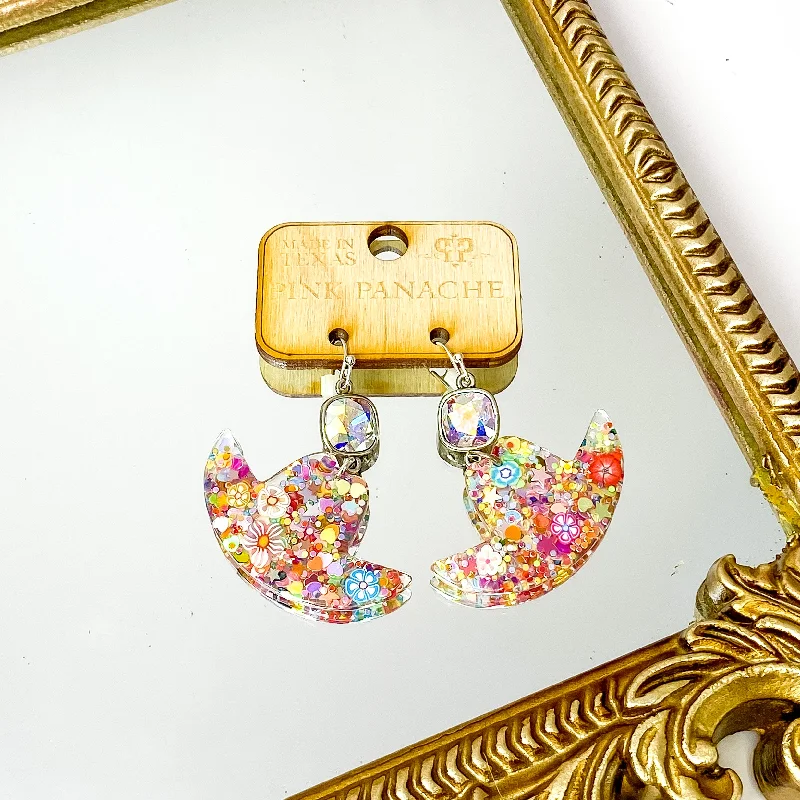 Pink Panache | AB Cushion Cut Drop Earrings with Multicolor Glitter Acrylic Cowboy Hat Pendant