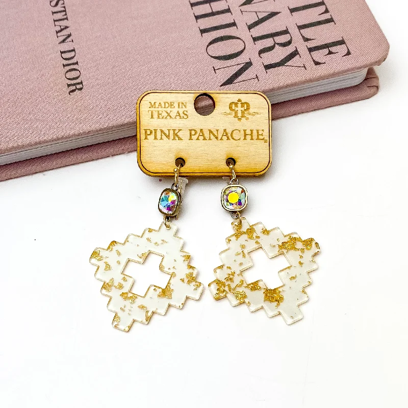 Pink Panache | AB Cushion Cut Drop Earrings with White and Gold Acrylic Pendant