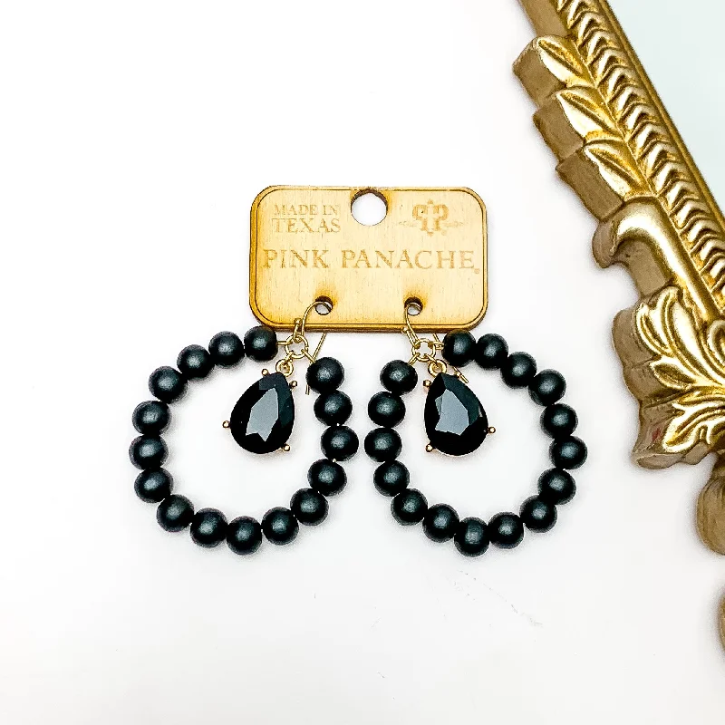 Pink Panache | Black Beaded Circle Drop Earrings with Black Teardrop Crystal Drop