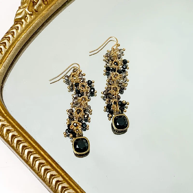 Pink Panache | Black Crystal Beaded Drop Earrings with Black Cushion Cut Crystal