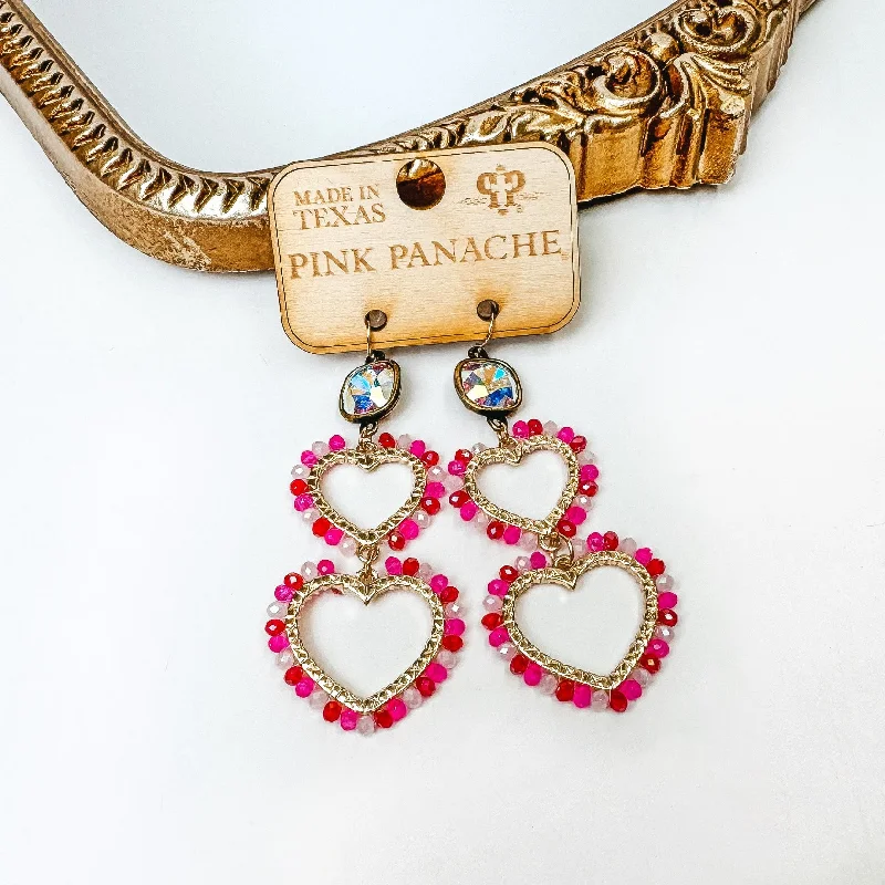 Pink Panache | Gold Tone AB Crystal Double Heart Drop Earrings in Fuchsia Pink Mix