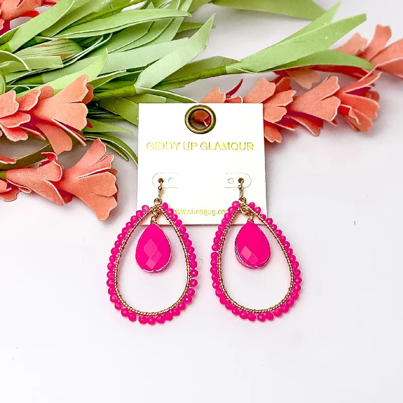 Pink Stone Inside Open Beaded Teardrop Earrings with Gold Tone Outline