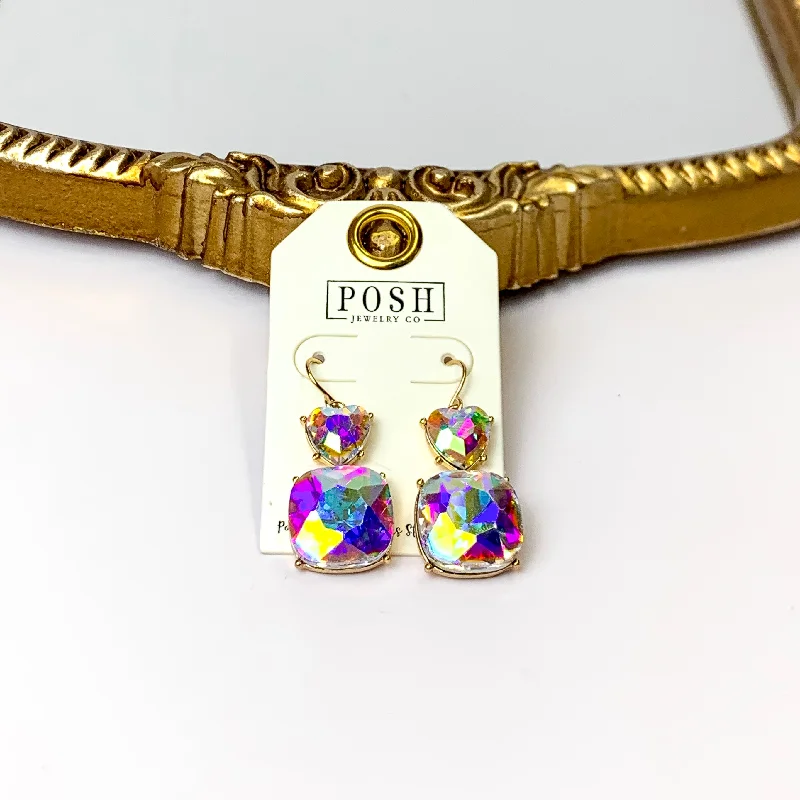 Posh by Pink Panache | Gold Tone AB Heart Shaped and Cushion Cut Crystal Drop Earrings