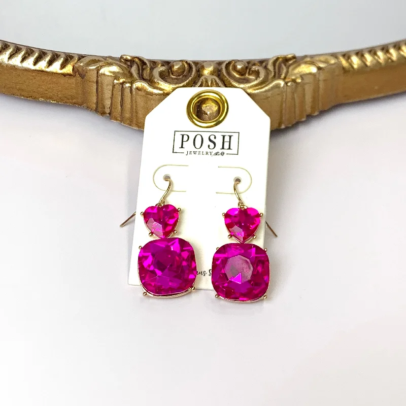 Posh by Pink Panache | Gold Tone Fuchsia Pink Heart Shaped and Cushion Cut Crystal Drop Earrings