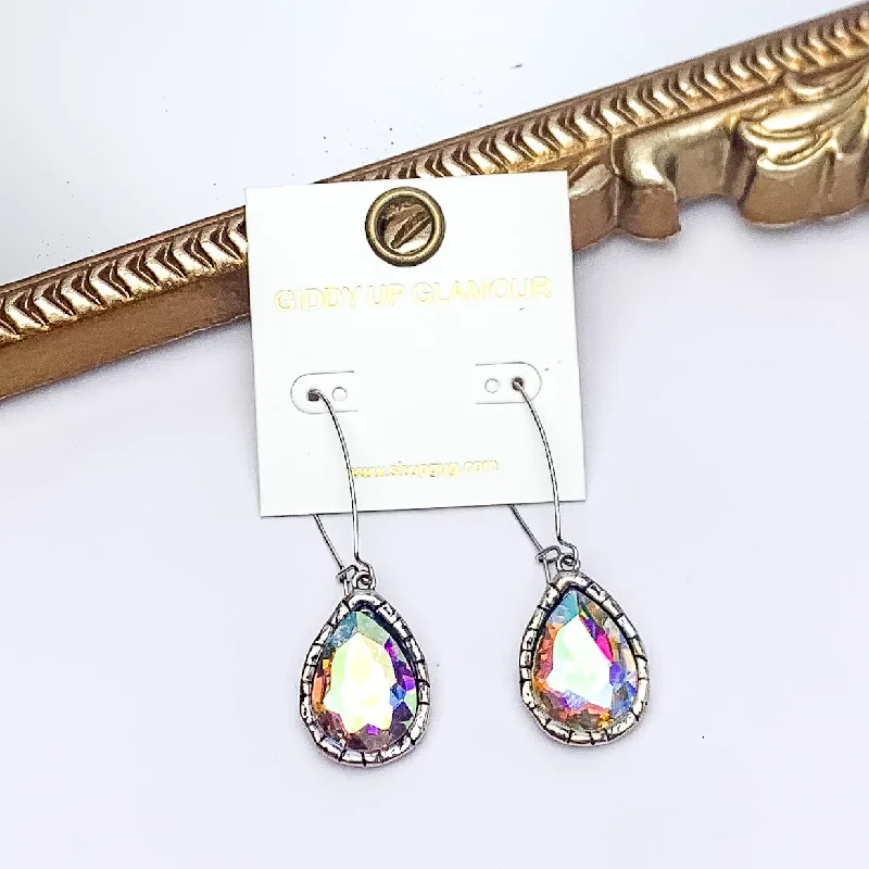 Radiant Kidney Wire Teardrop Earrings With AB Crystals in Silver Tone