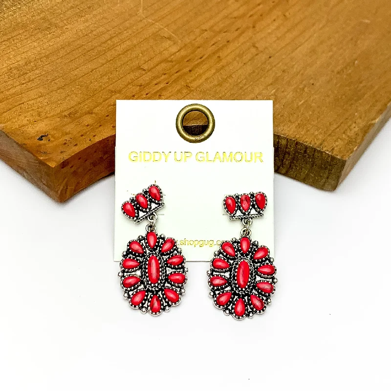 Red Marble and Silver Tone Flower Drop Earrings