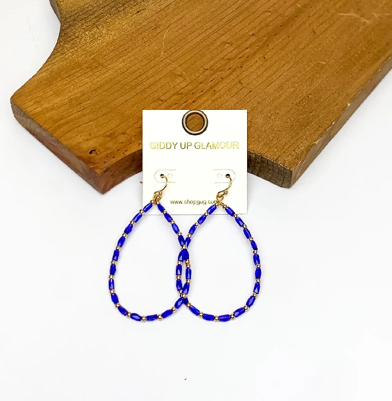 Royal Blue Beaded Open Drop Earrings with Gold Tone Spacers