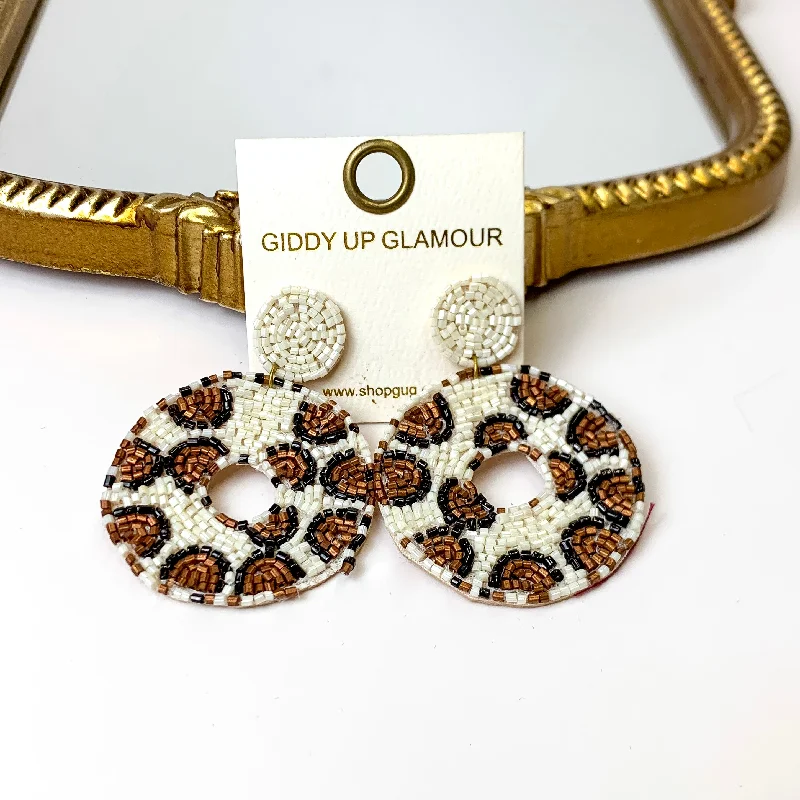 Seed Beaded Leopard Print Circle Drop Earrings in White