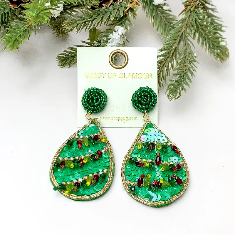 Sequin Beaded Teardrop Earrings with Beaded Tassels in Green