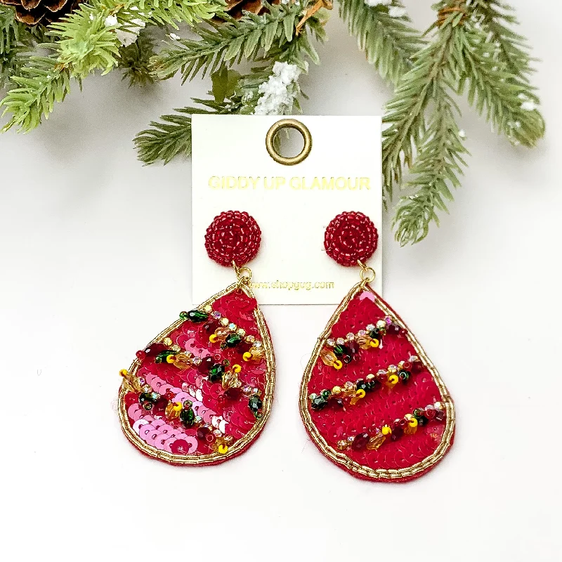 Sequin Beaded Teardrop Earrings with Beaded Tassels in Red