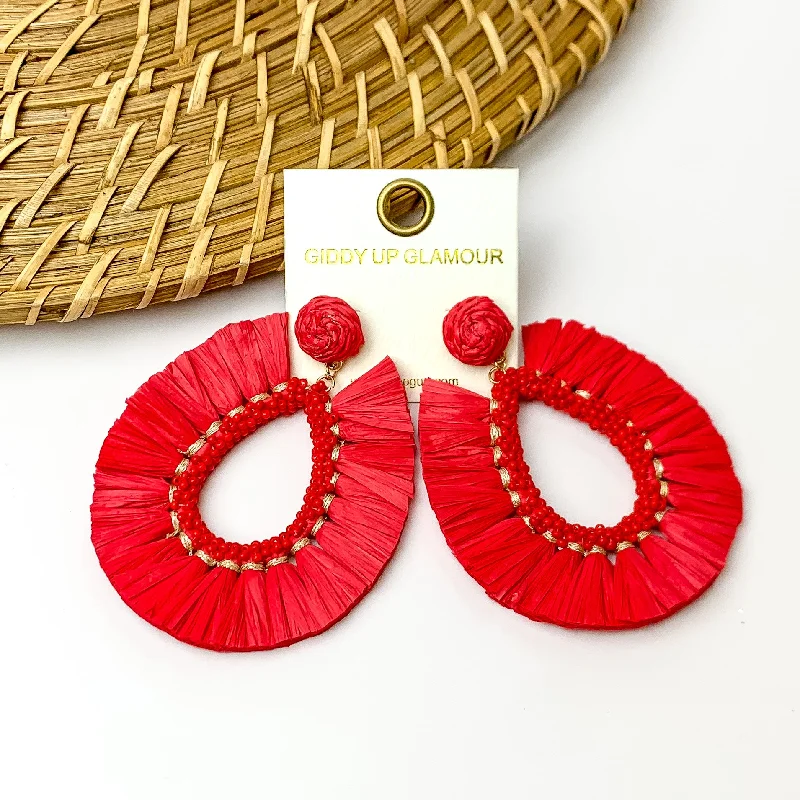 Siesta Sunsets Raffia Wrapped Open Teardrop Earrings in Red