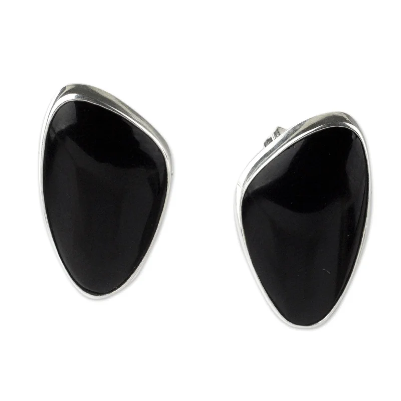 Silver 'Acapulco Night' Obsidian Earrings (Mexico) - 0.7" L x 0.4" W x 0.2" D