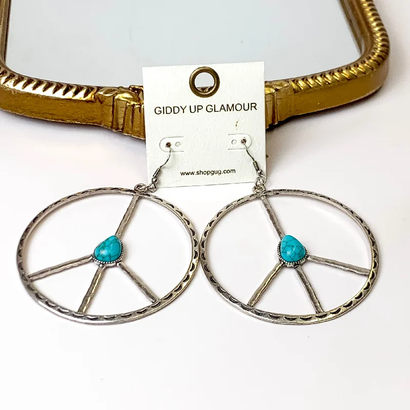 Silver Tone Etched Peace Sign Drop Earrings with Faux Turquoise Stone Accent