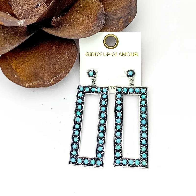 Silver Tone Rectangular Drop Earrings With Stones in Turquoise Blue