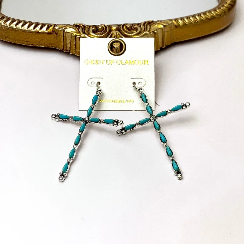 Silver Tone Slim Cross Drop Earrings with Faux Turquoise Stones