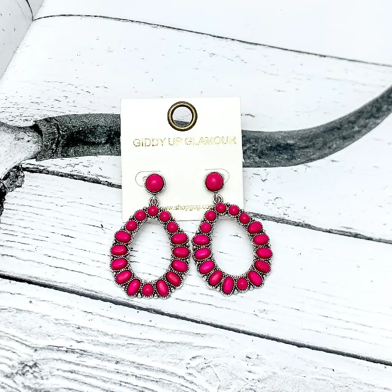 Small Circle Post Open Teardrop Earrings with Stones in Hot pink