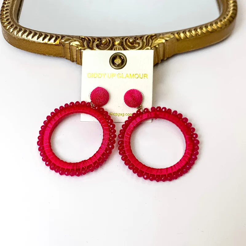 Somewhere Sunny Post Back Circle Drop Earrings with Beads in Fuchsia Pink