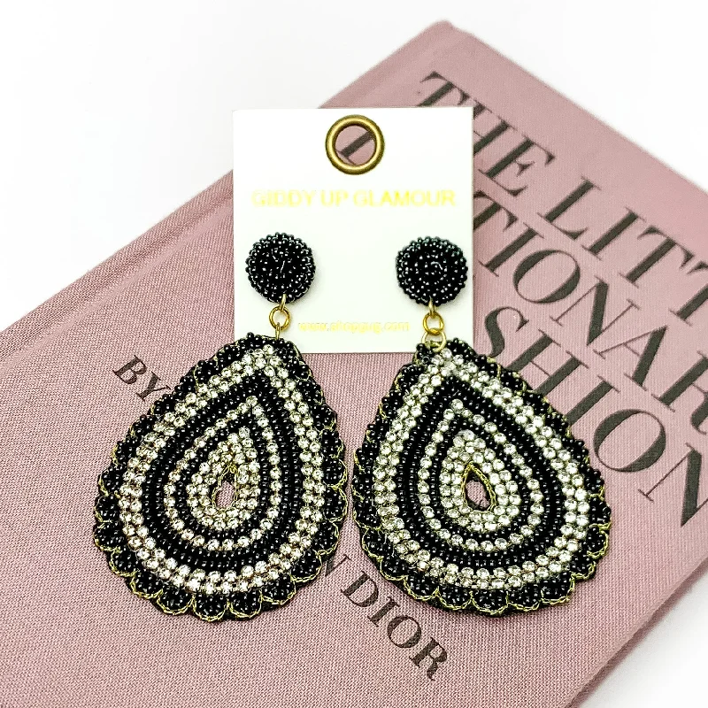 Sound Wave Beaded Teardrop Earrings with Clear Crystals in Black