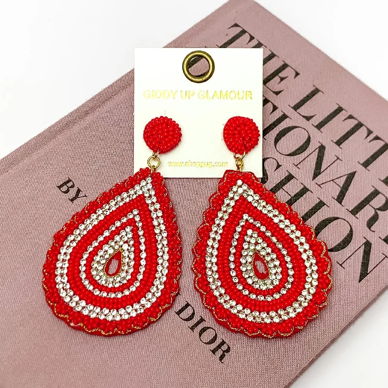 Sound Wave Beaded Teardrop Earrings with Clear Crystals in Red