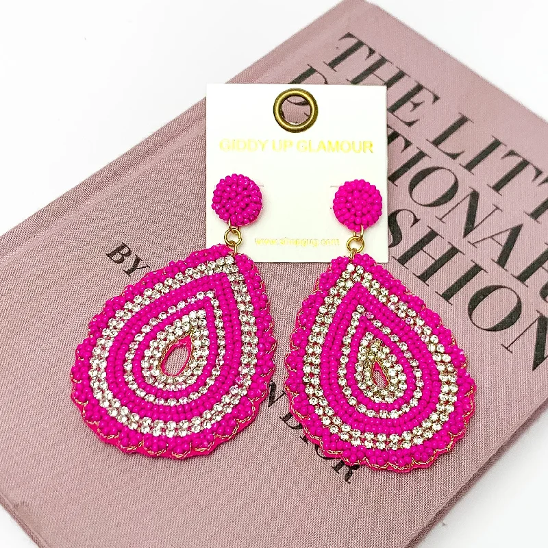 Sound Wave Beaded Teardrop Earrings with Clear Crystals in Fuchsia