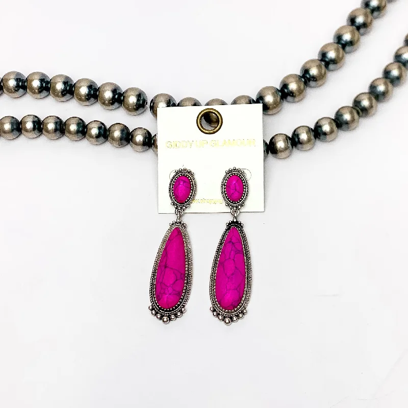 Southern Saturdays Silver Tone Drop Earrings in Hot Pink