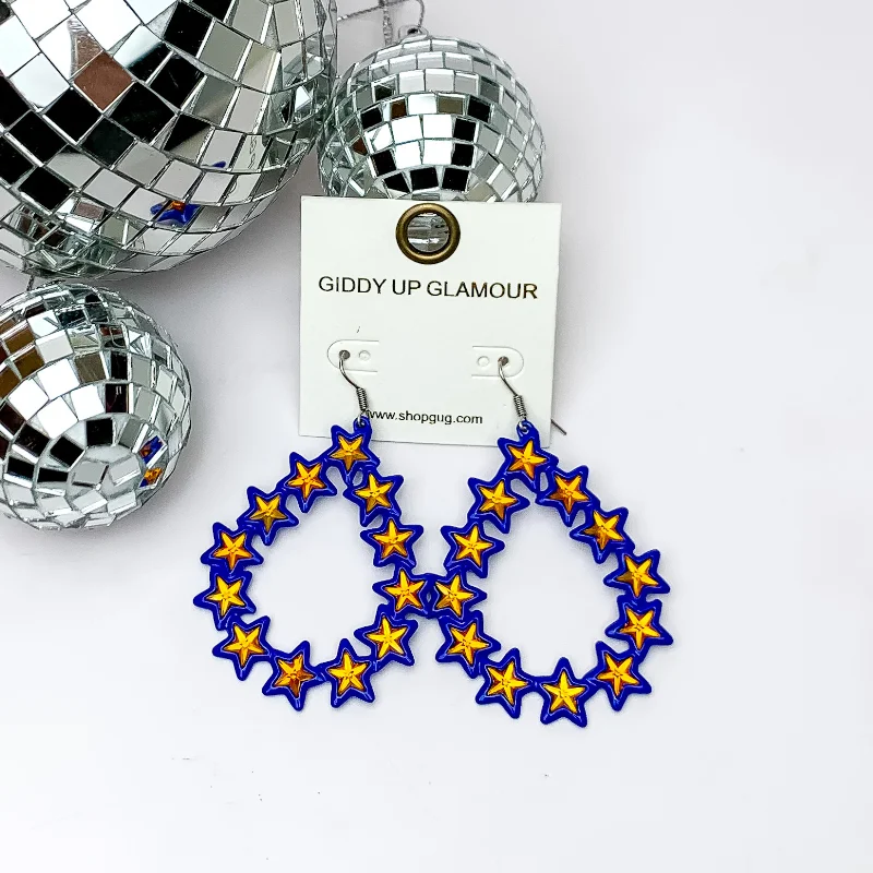 Star Linked Teardrop Earrings with Orange Crystals in Blue