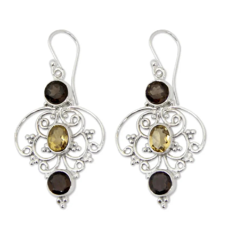 Sterling Silver 'Dusk Arabesque' Quartz Citrine Earrings (India)