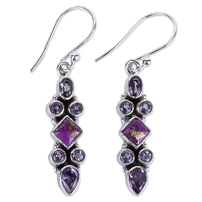 Sterling Silver 'Mesmerizing Shapes' Amethyst Composite Turquoise Earrings - 1.8L*0.3W