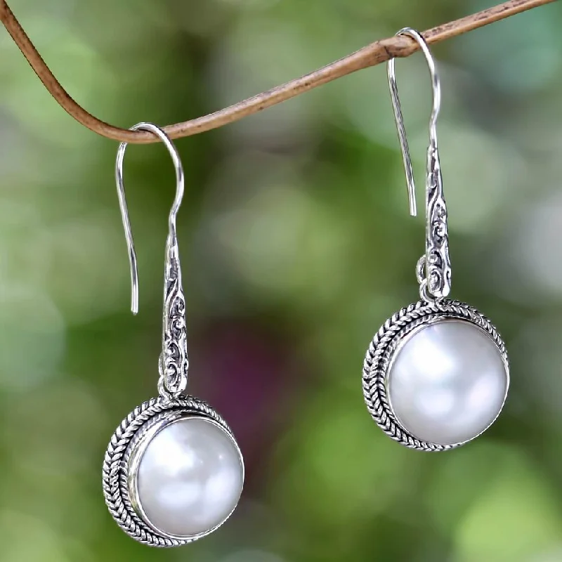 Sterling Silver 'White Camellia' 12mm Pearl Earrings (Indonesia) - 1.7L*0.6W