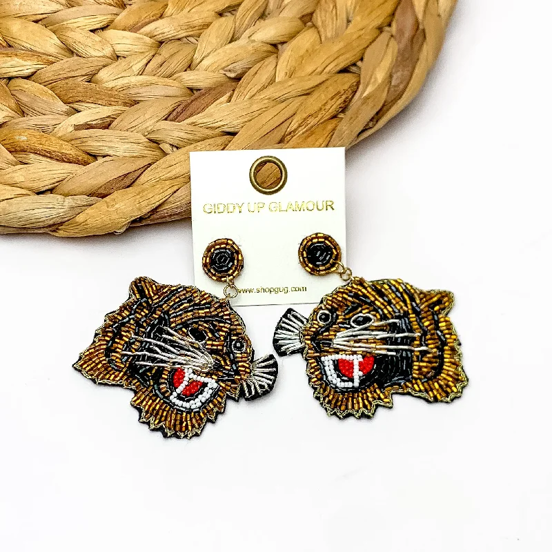 Tiger Beaded Drop Earrings in Gold and Black