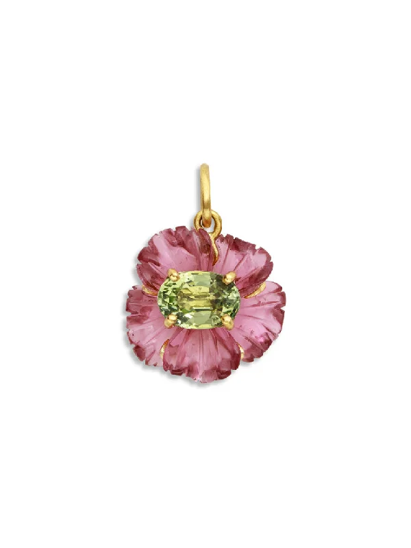 Tropical Flower Pink & Green Tourmaline Yellow Gold Charm