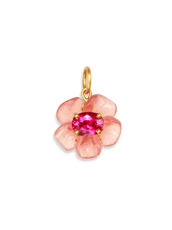 Tropical Flower Rhodochrosite & Rubellite Yellow Gold Charm