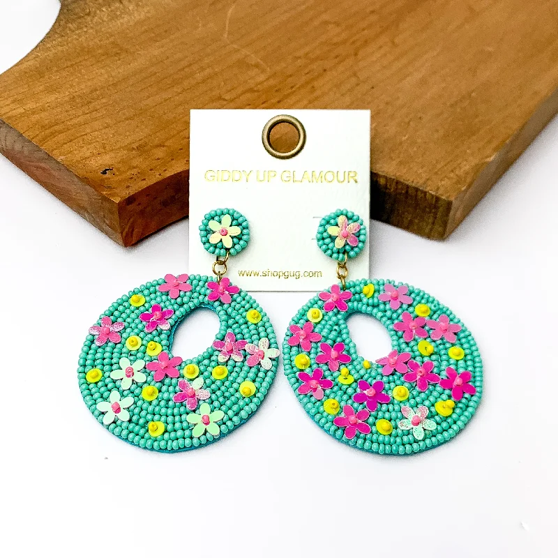 Turquoise Beaded Circular Drop Earrings with Floral Designs