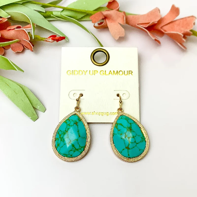 Turquoise Drop Earrings with Gold Tone Outline