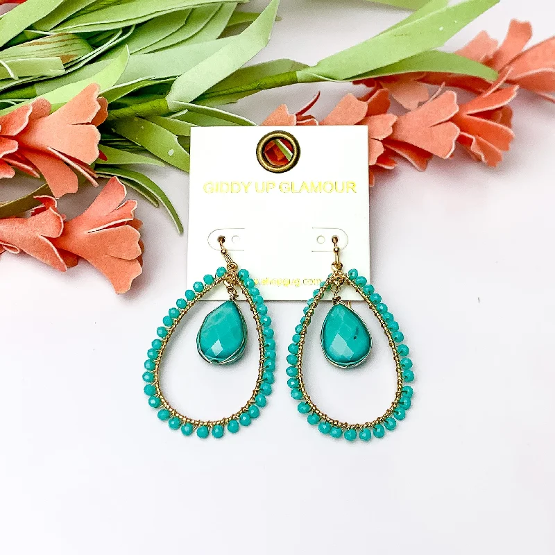 Turquoise Stone Inside Open Beaded Teardrop Earrings with Gold Tone Outline